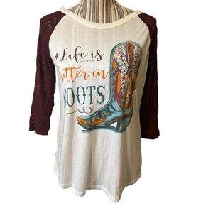 Wanderer Raglan Top Small Off-White Burgundy Knit 3/4 Sleeve Tee Boot Design